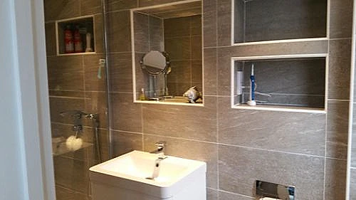 tiled bathroom shelves